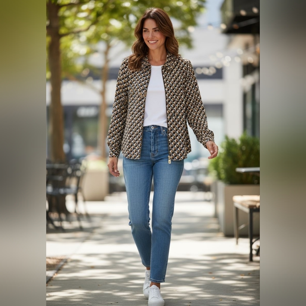 MICHAEL Michael Kors Geometric Bomber Jacket in Black, Brown, and Cream